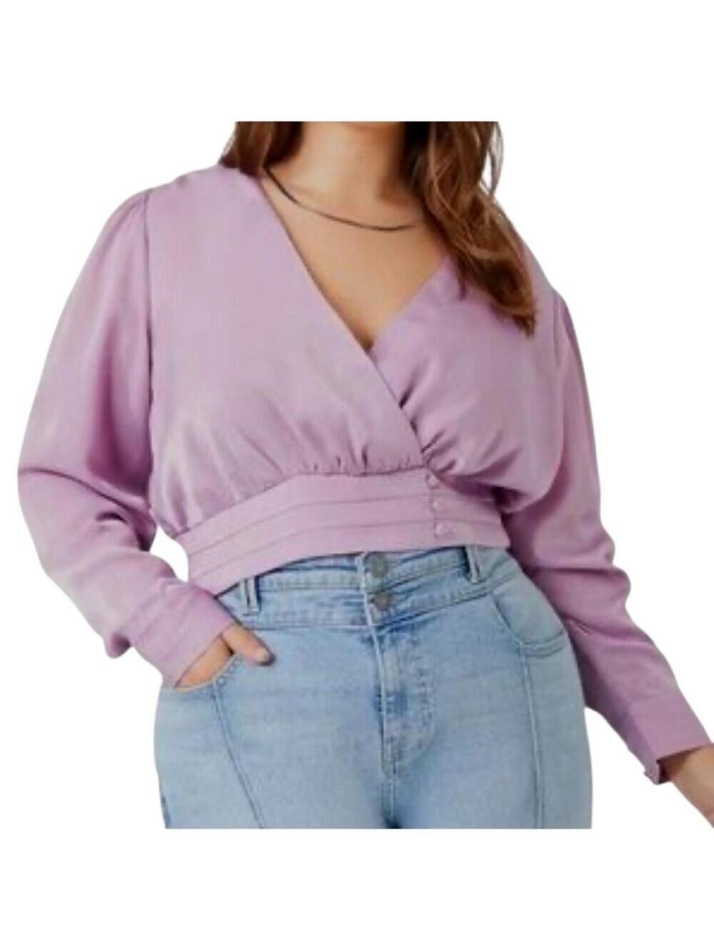 Lavender Purple V-neck Satin Blouse top 1X Long Sleeve NWT Faux Wrap Coquette